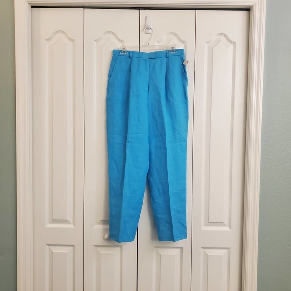 🎯Vintage Talbots Turquoise Irish Linen High Rise Pleated Front Wide Leg Pant 12 - Picture 2 of 16